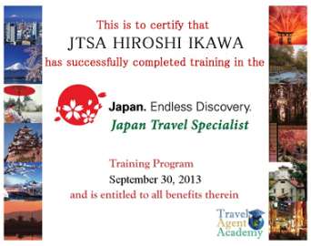 Japan travel specialist certificate for JTSA service